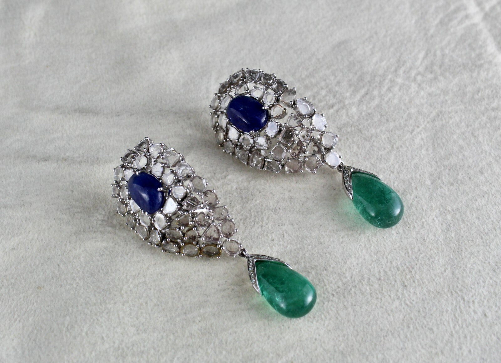 Certified Natural Blue Sapphire 10ct Emerald Cabochon Diamond 18k Gold Earrings
