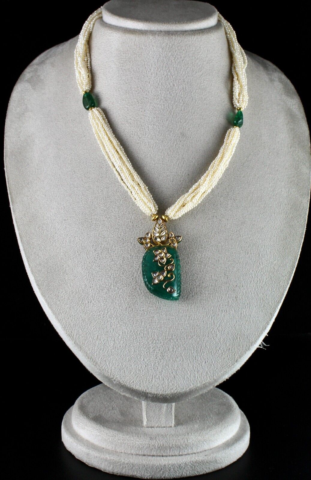 Natural Zambia Carved Emerald Diamond 18K Gold Kundan Meena Pearl Jadau Necklace