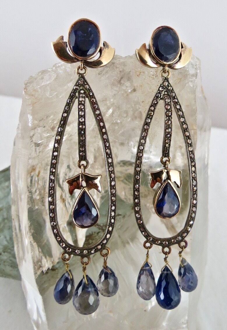 ANTIQUE NATURAL BLUE IOLITE CUT DIAMOND 18K GOLD & 925 SILVER VICTORIAN EARRING