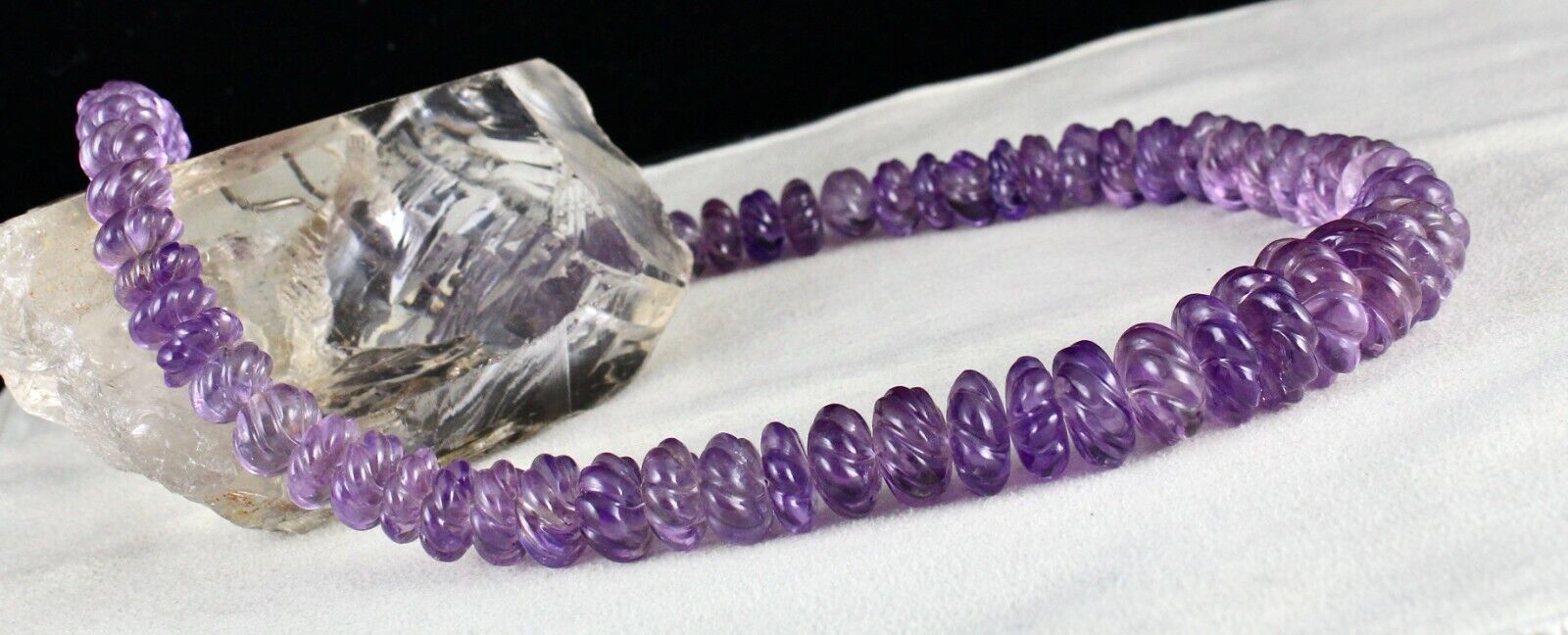 Natural Amethyst Beads Carved Round 703 Ct Gemstone Silver Vintage Necklace