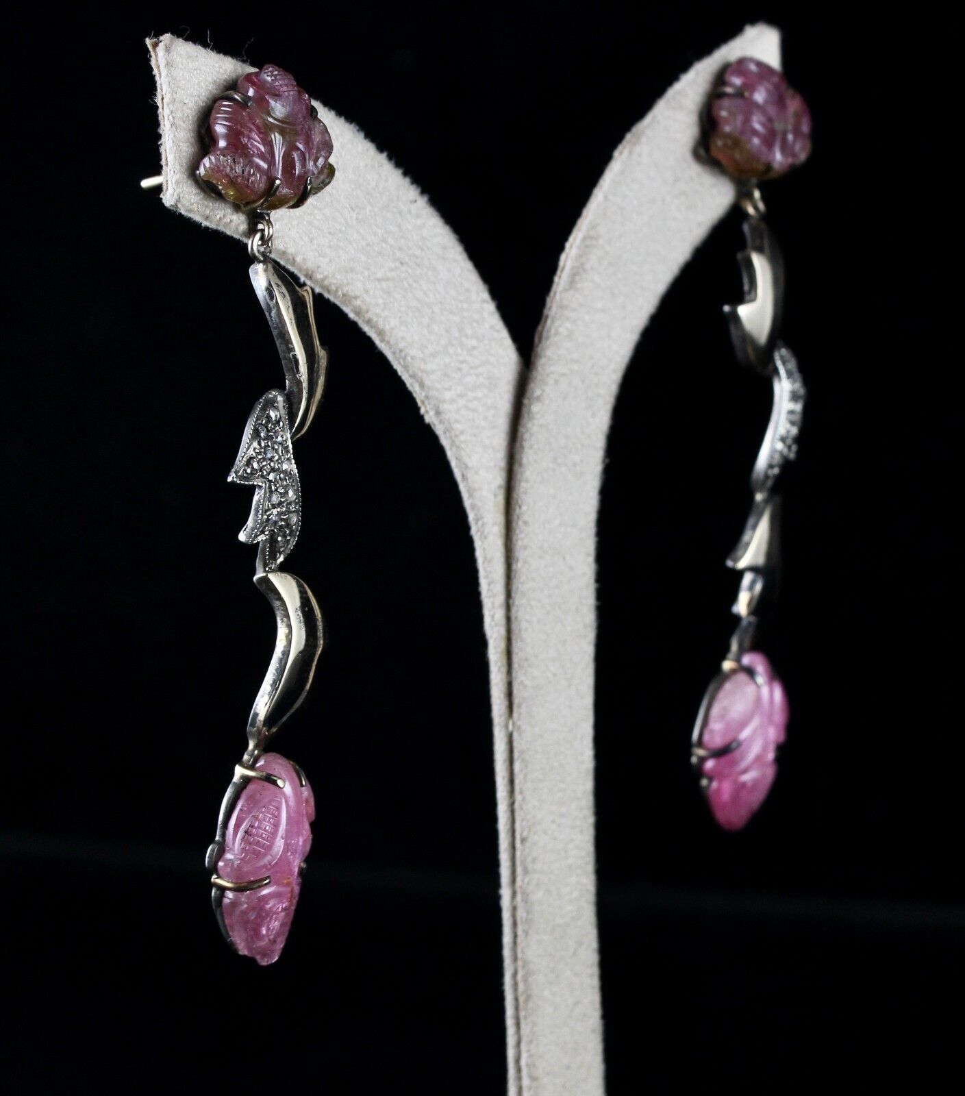 NAURAL PINK TOURMALINE CARVED DIAMOND 18K GOLD  925 SILVER VICTORIAN EARRING