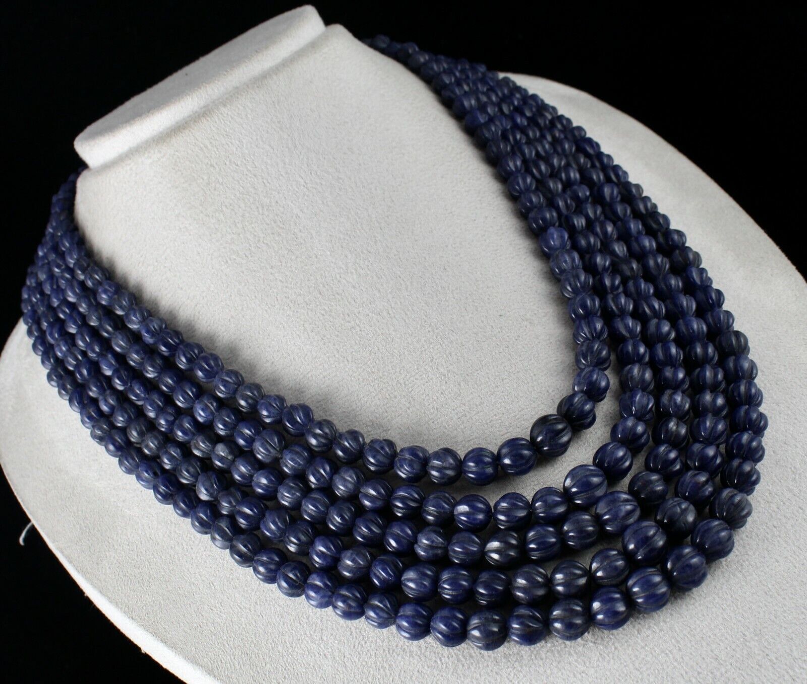 NATURAL BLUE JADE BEADS CARVED ROUND GEMSTONE 5 LINE 1217 CTS FASHION NECKLACE