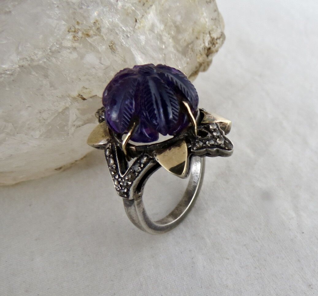 Antique Natural Amethyst Carved Diamond 18K Gold 925 Silver Victorian Ring