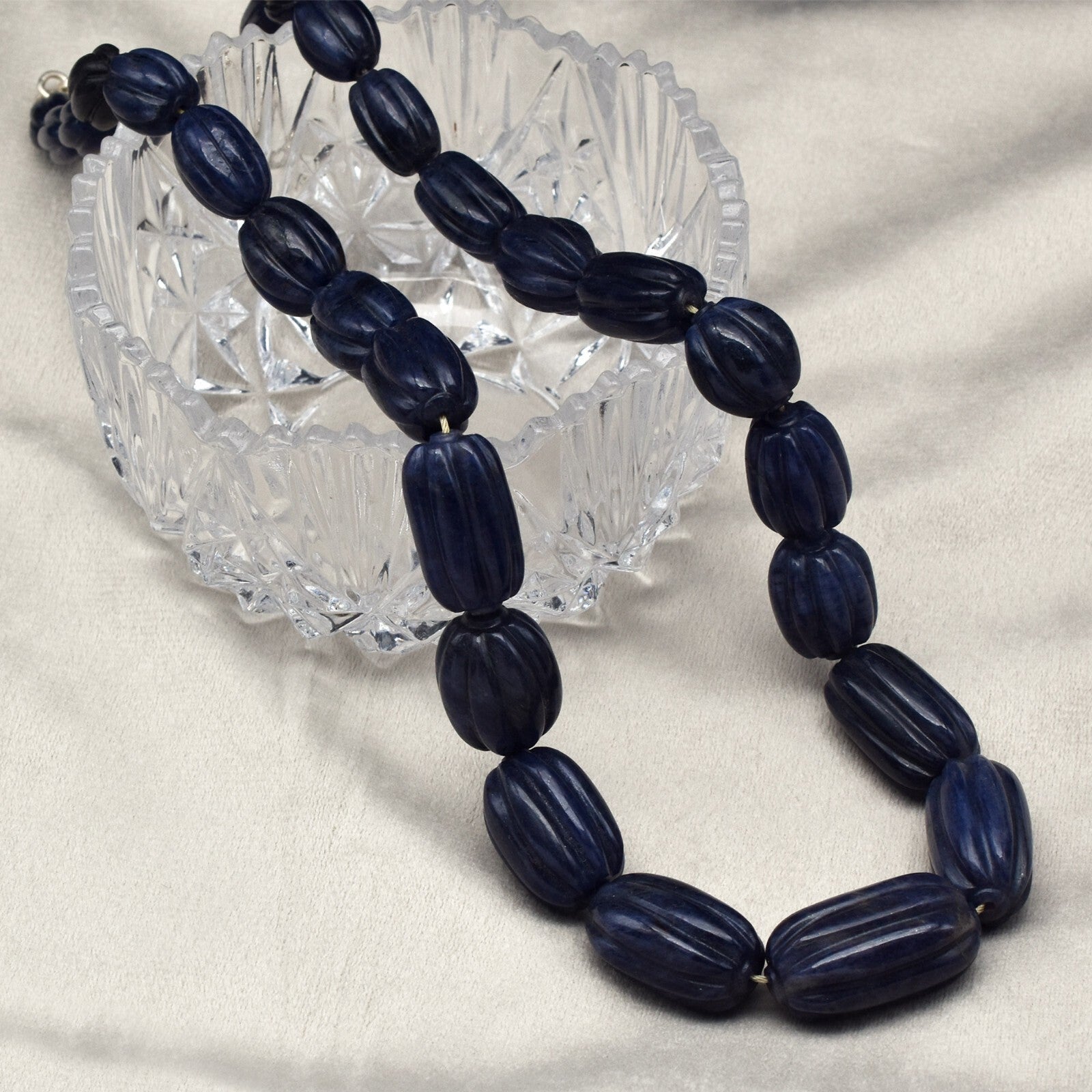 Vintage Blue Jade 861 Ct Long Carved Beads Necklace Sterling Silver Hook