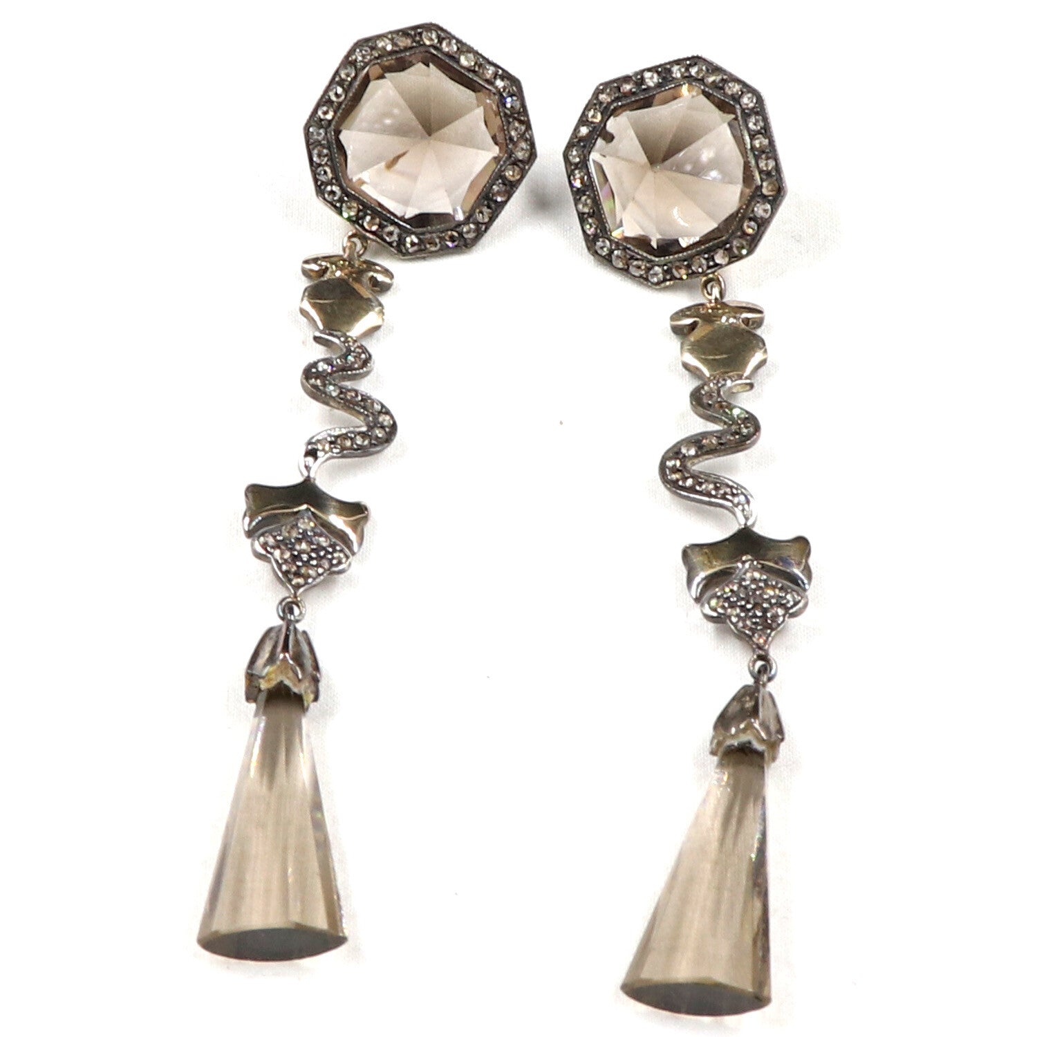 Victorian 18k Gold Smoky Quartz 84.35ct Natural Diamond Sterling Silver Earrings