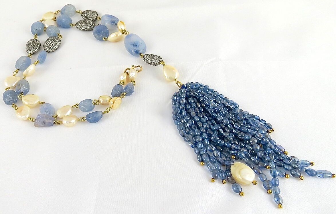 NATURAL BLUE SAPPHIRE BEADS CARVED PEARL STONE DIAMOND 14KGOLD FASHION NECKLACE