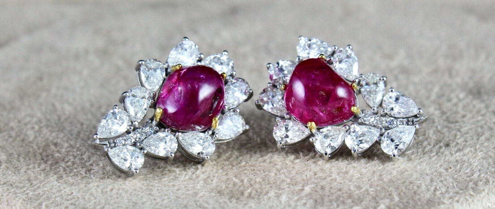 Certified Natural Burma Ruby Cabochon Pear Diamond 18K Gold Stud Earring