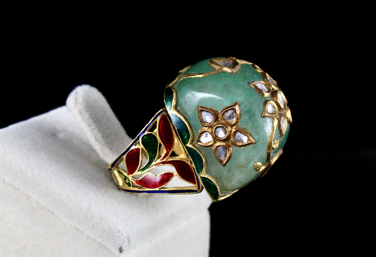 Antique Natural Colombian Emerald 10ct Diamond Kundan Meena Jadau Certified Ring