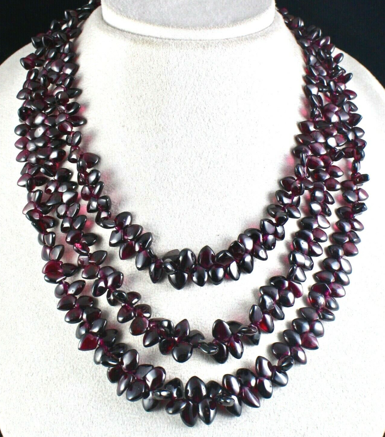 NATURAL PINK GARNET BEADS FANCY DROPS 3 LINE 1062 CARATS GEMSTONE FINE NECKLACE