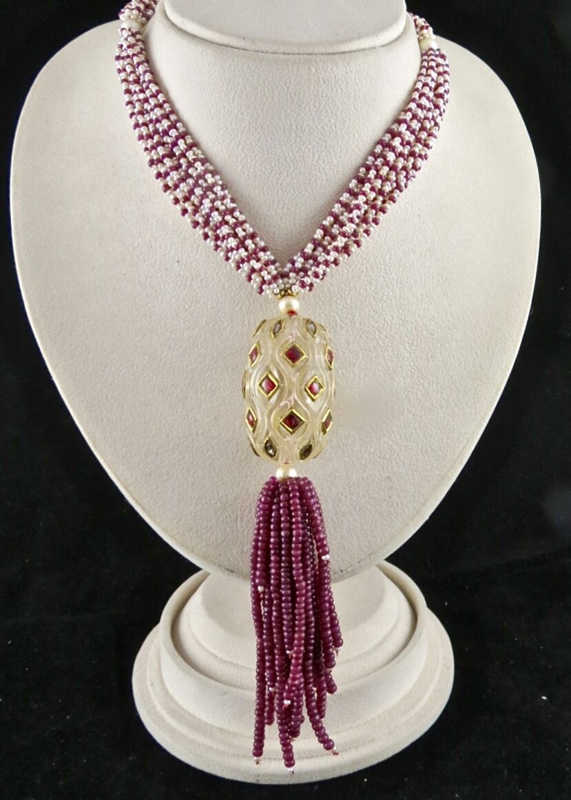 ANTIQUE NATURAL ROCK CRYSTAL QUARTZ 22K GOLD RUBY PEARL BEADS IMPORTANT NECKLACE