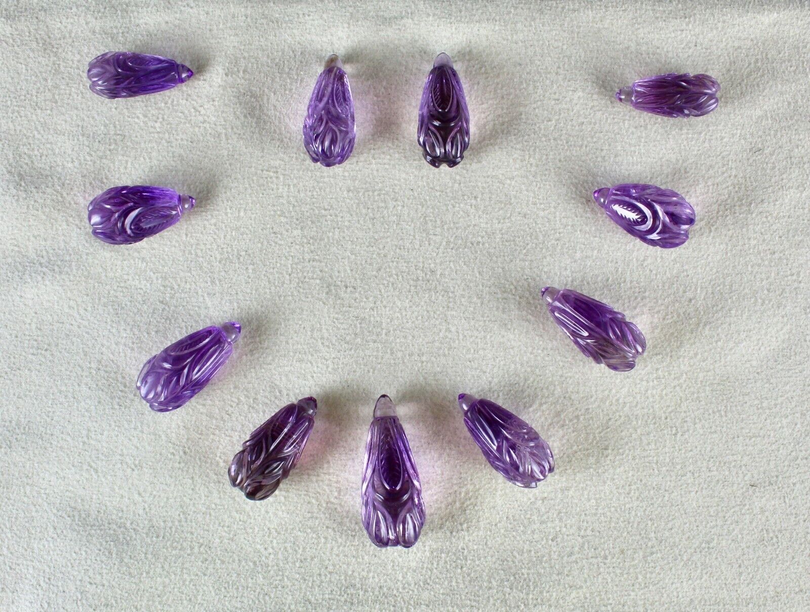 NATURAL AMETHYST CARVED DROPS 11 PCS 247 CTS LOOSE GEMSTONE EARRING NECKLACE SET