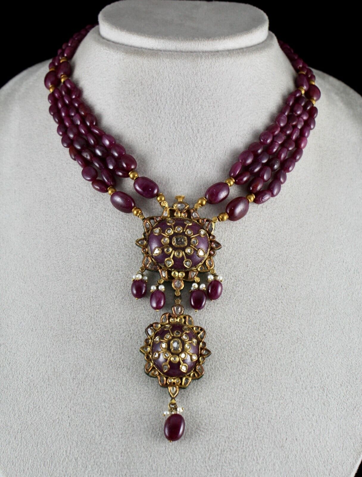 ANTIQUE NATURAL UNHEATED RUBY CABOCHON & BEADS DIAMOND 18K GOLD JADAU NECKLACE