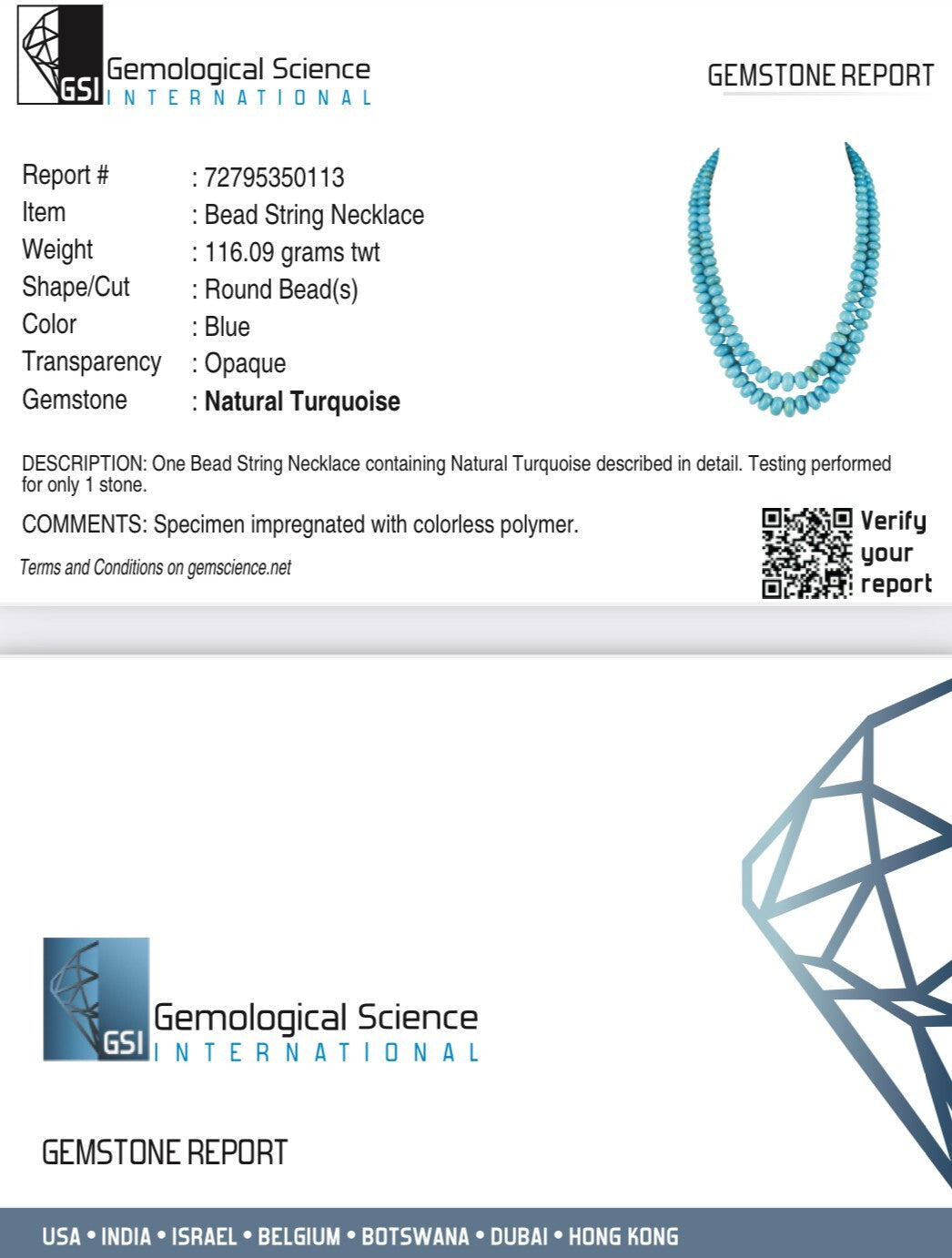 Certified Round Turquoise Beads 542 Ct Sterling Silver Vintage Necklace