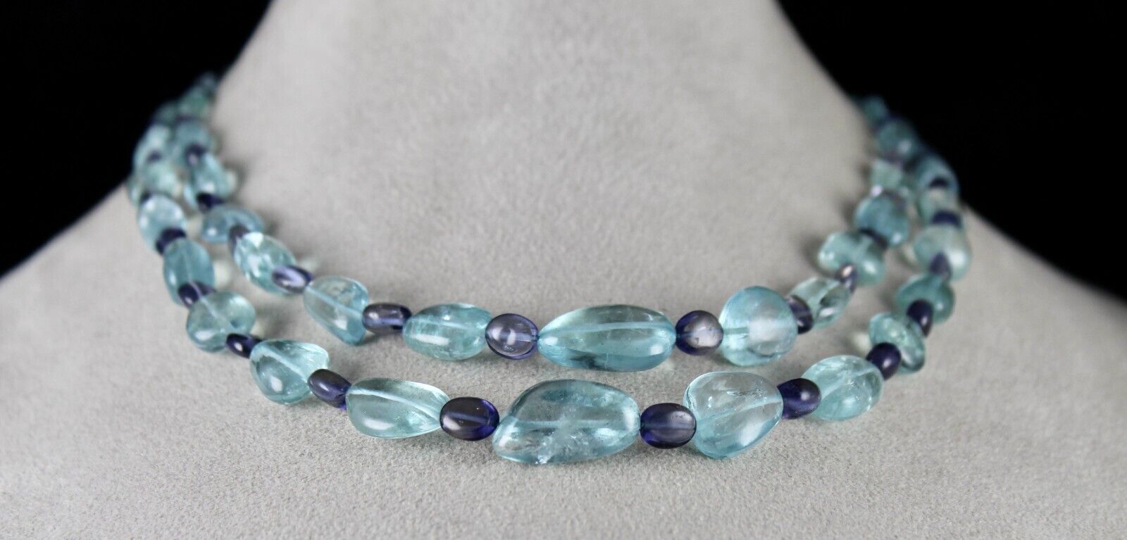 Certified Blue Natural Aquamarine Iolite Beads 2 L 334 Ct Gemstone Fine Necklace