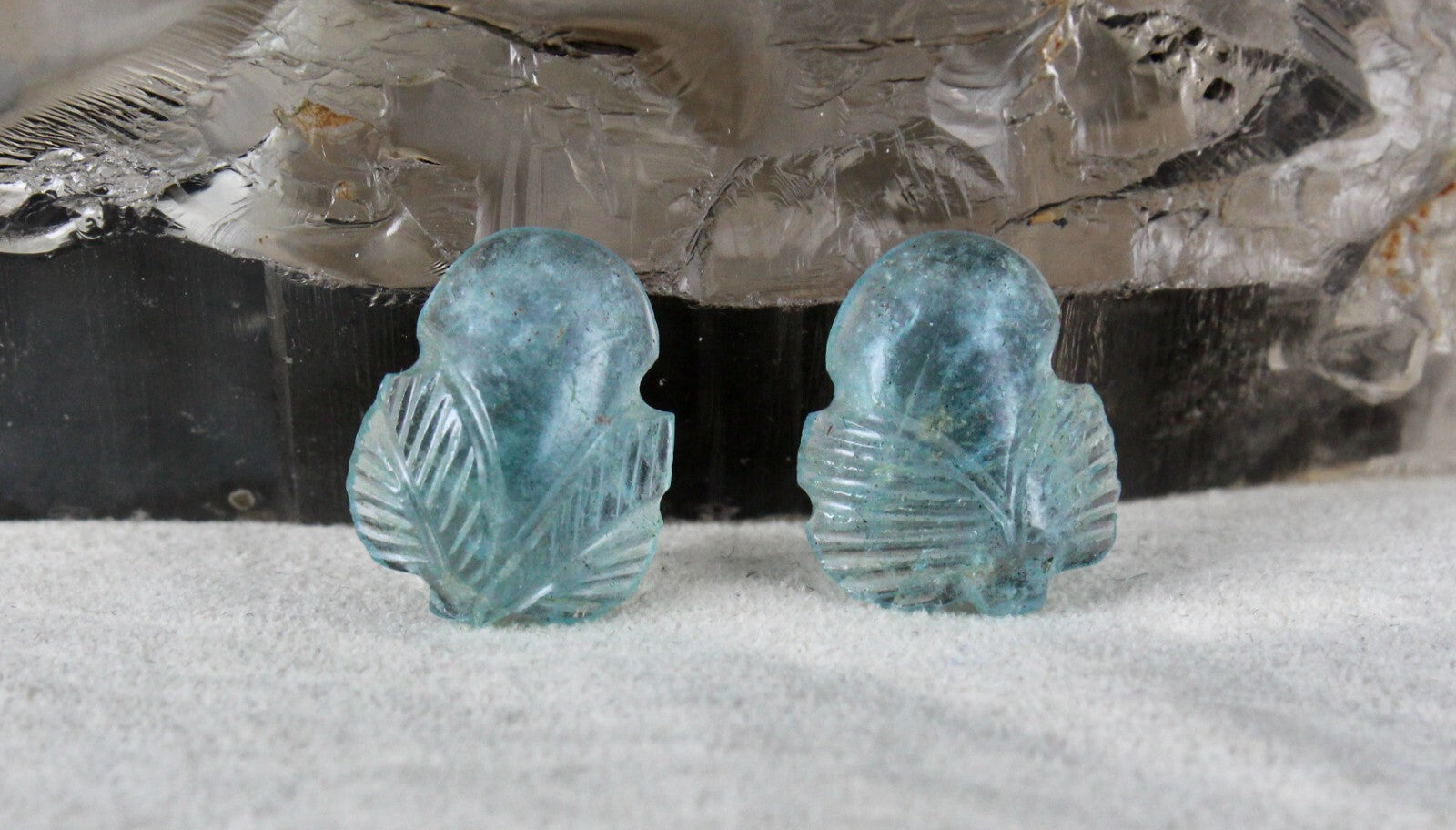 Natural Blue Aquamarine 13.60ct Carved Leaves Gemstone Pair For Earrings