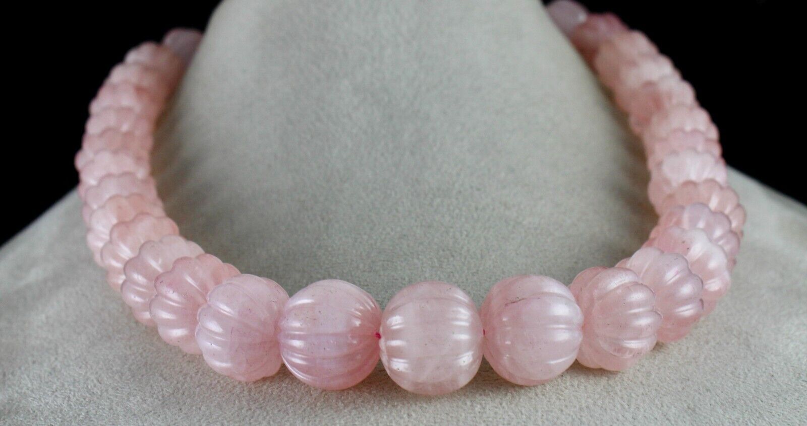 Natural Rose Quartz Melon Carved Beads 1185 Ct Pink Gemstone Silver Necklace