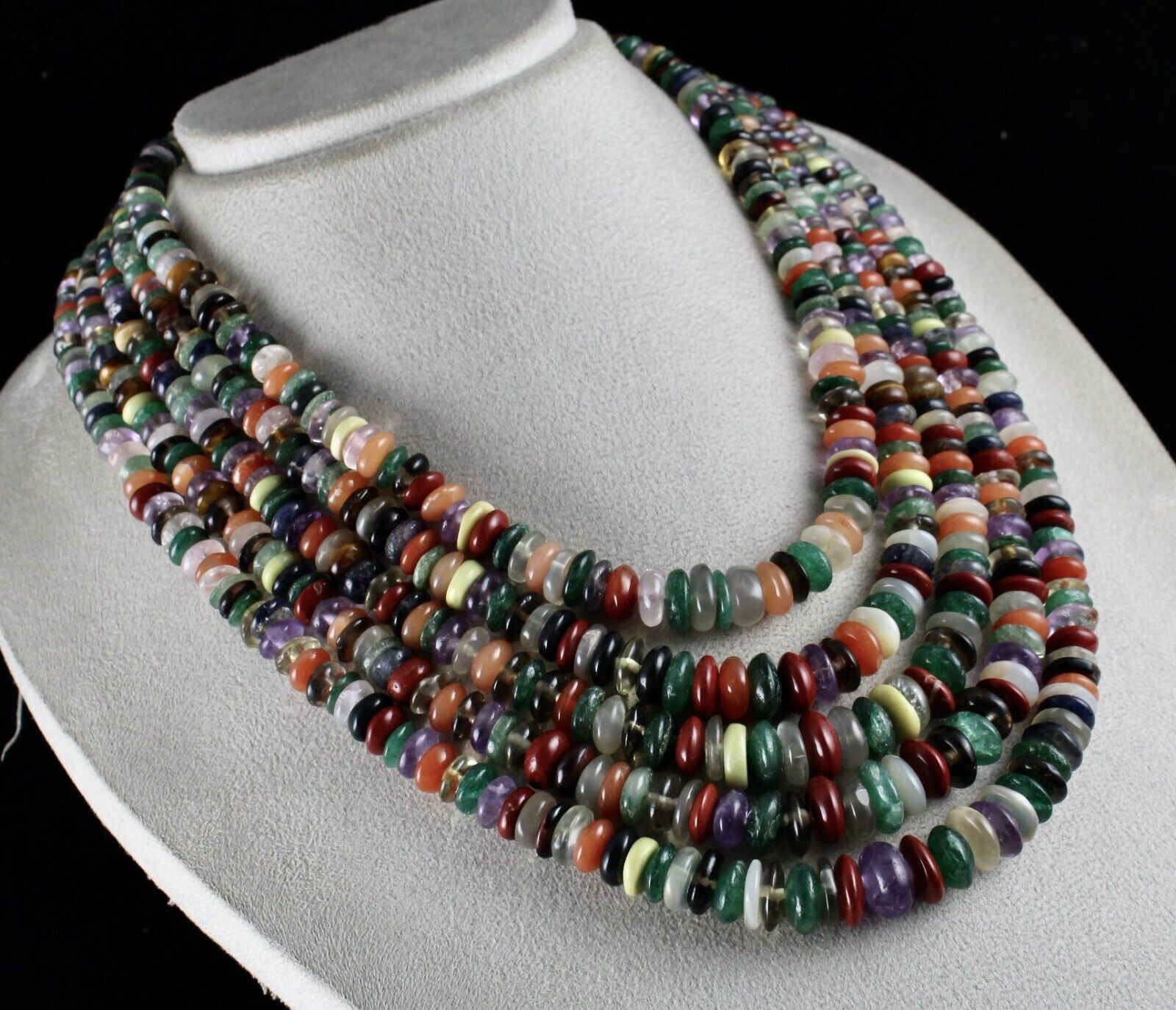 Vintage Multi Semi Precious Beads Button 5 L 1576 Ct Gemstone Fashion Necklace