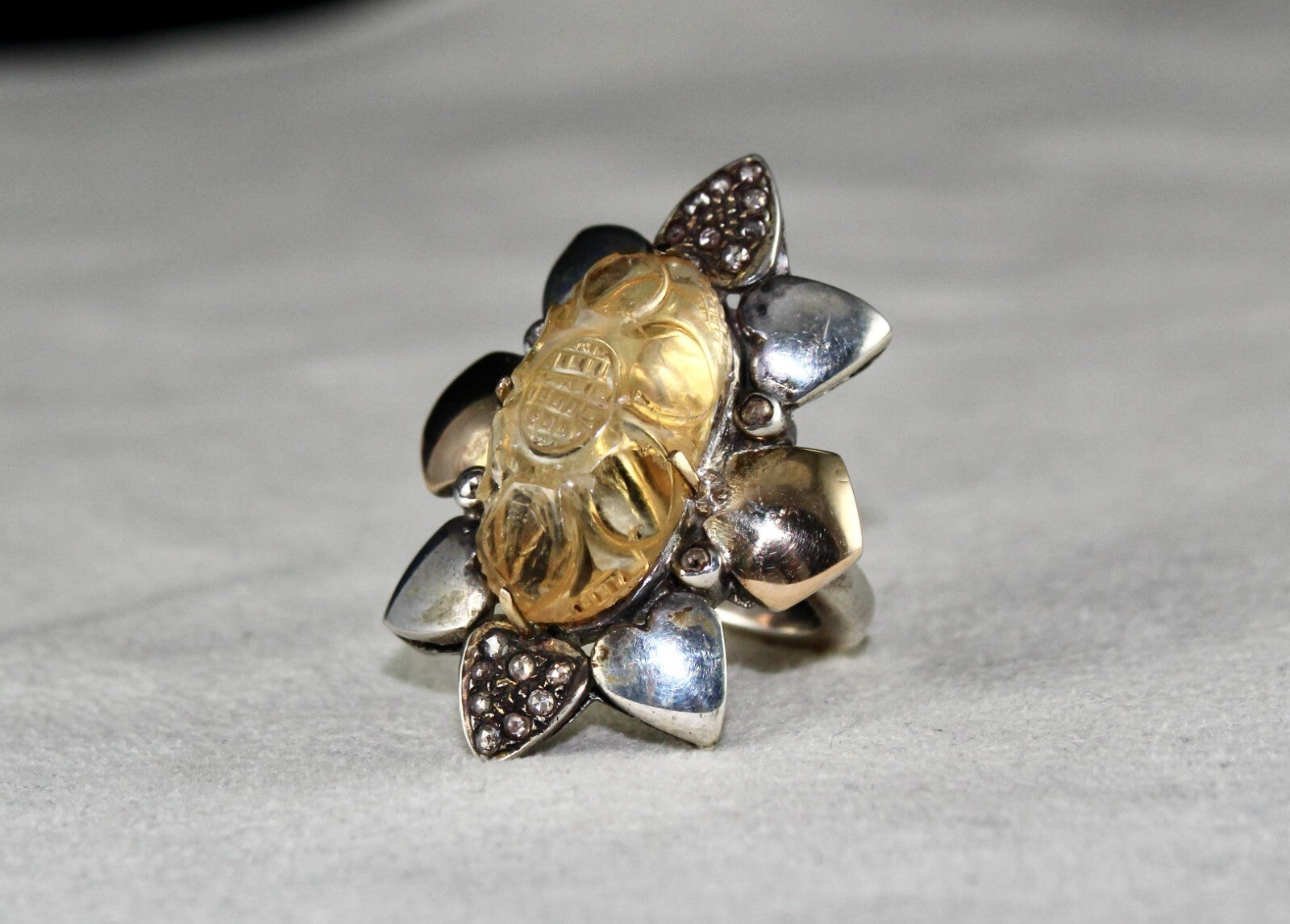 Antique Yellow Citrine 66.2ct Natural Diamond 18k Gold 925 Silver Victorian Ring