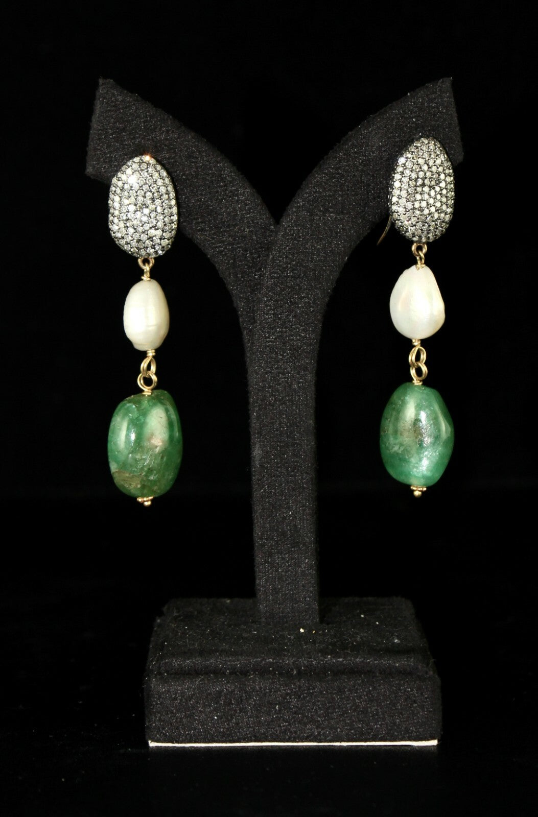 Certified Natural Emerald Beads 10ct Diamond Pearl 18k Gold Necklace Set