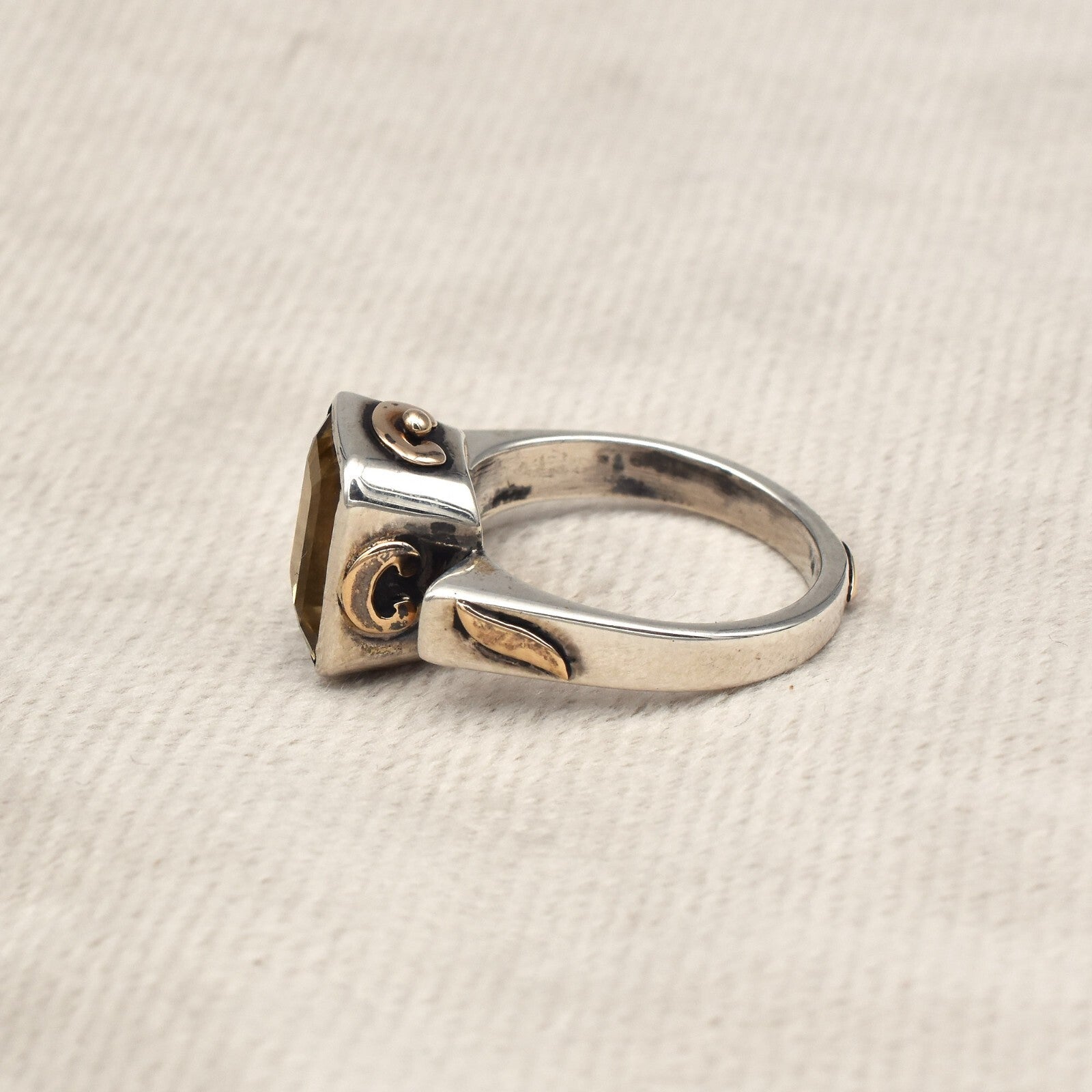 Natural Yellow Citrine 10ct Sterling Silver 18k Gold Vintage Victorian Ring