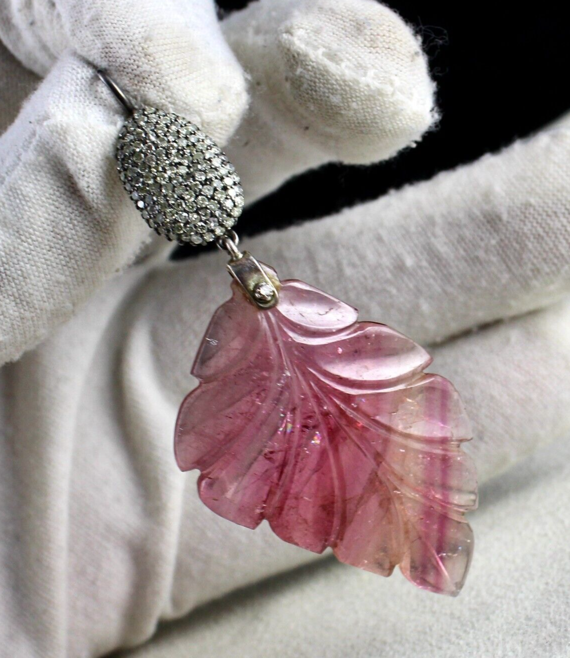 FINE NATURAL MULTI COLOUR PINK TOURMALINE LEAF DIAMOND VICTORIAN SILVER PENDANT