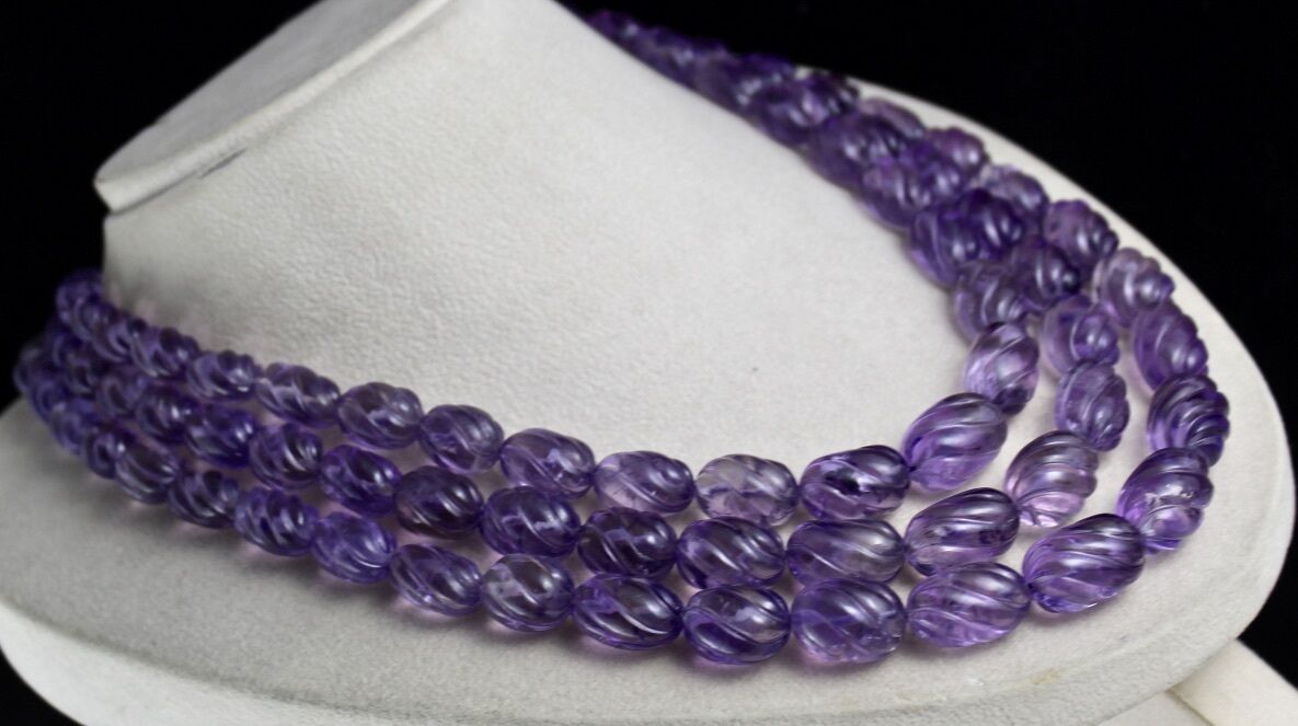 Natural Amethyst Beads Carved Oval 3 L 1373 Ct Purple Gemstone Silver Necklace