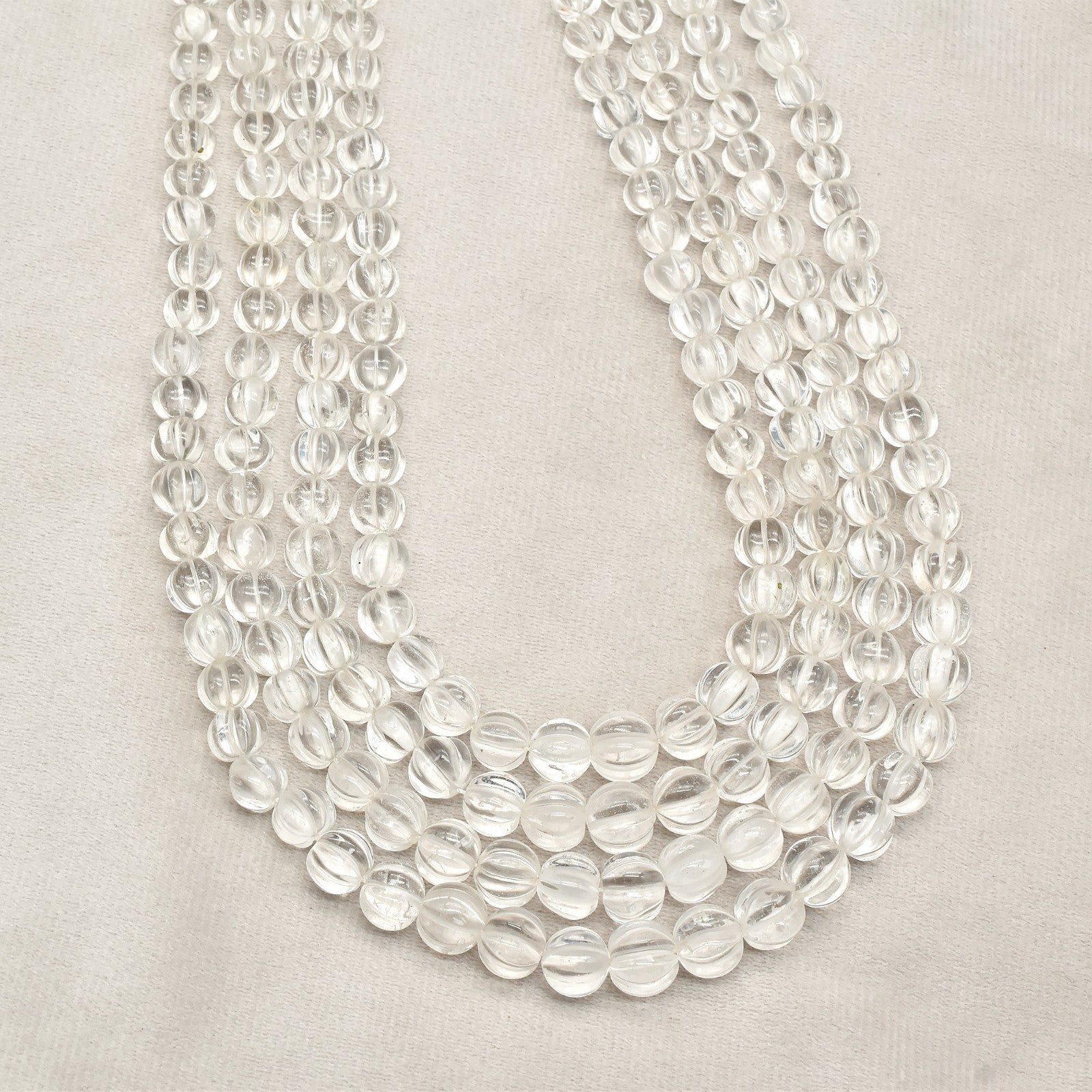 Natural Rock Crystal Quartz 1007 Ct Carved Melon Round Beads Necklace