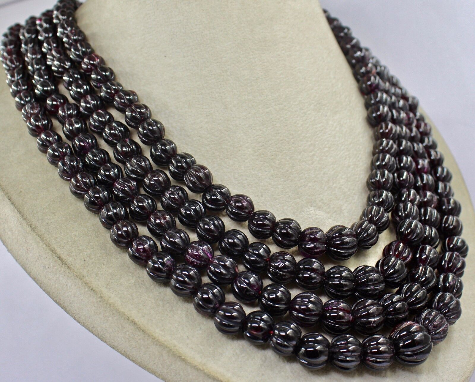 NATURAL GARNET BEADS CARVED MELON 4 LINE 2392 CARATS NECKLACE WITH SILVER HOOK 