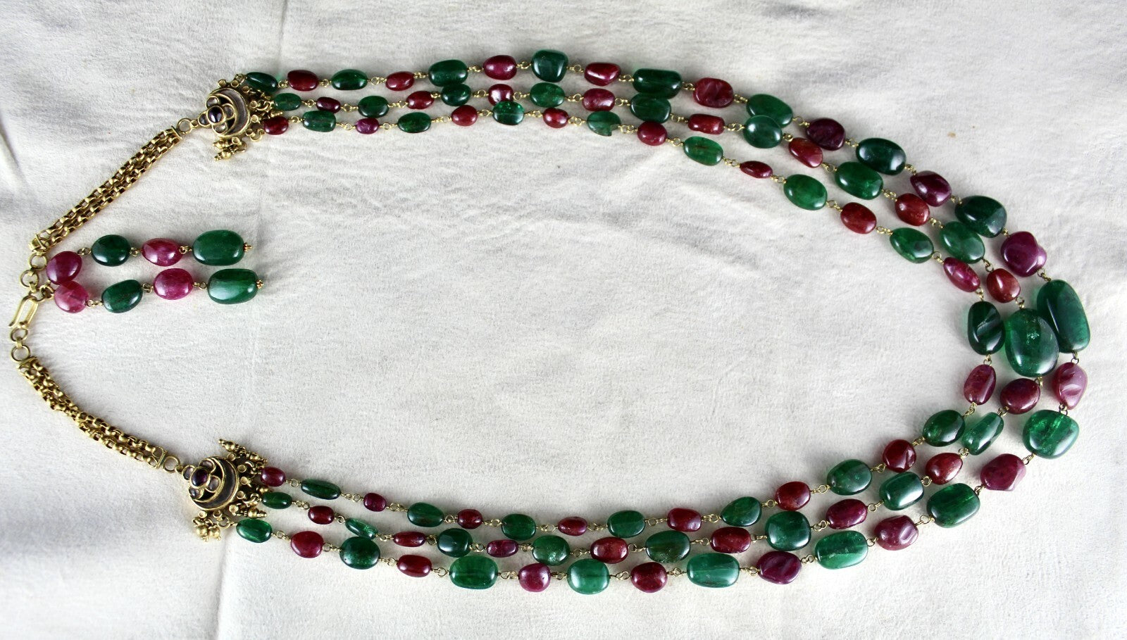 Certified Antique 18k Gold Natural Emerald Burma Ruby Beads Necklace 587 Ct