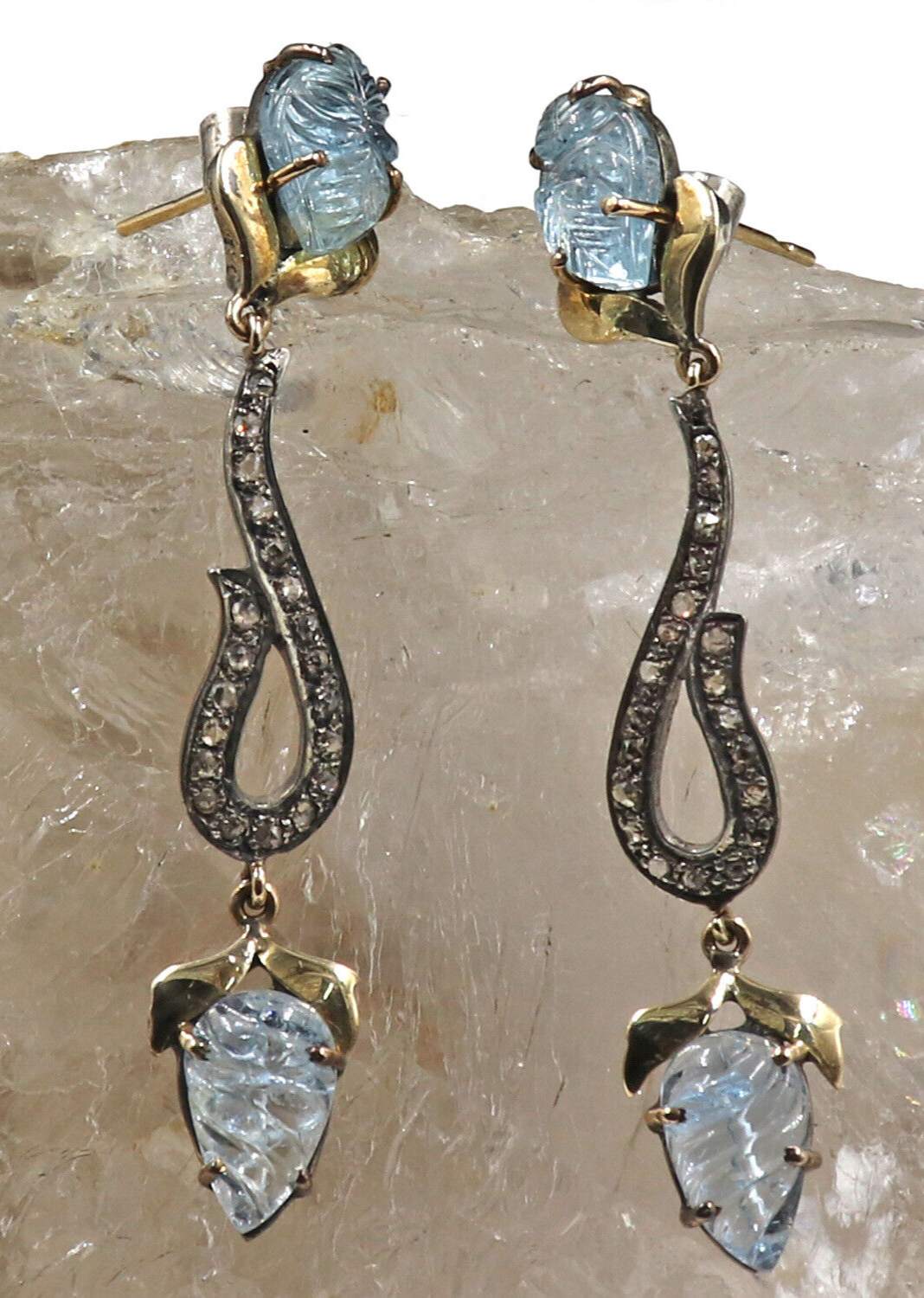 Natural Blue Aquamarine Carved Diamond 18K Gold 925 Silver Victorian Earring