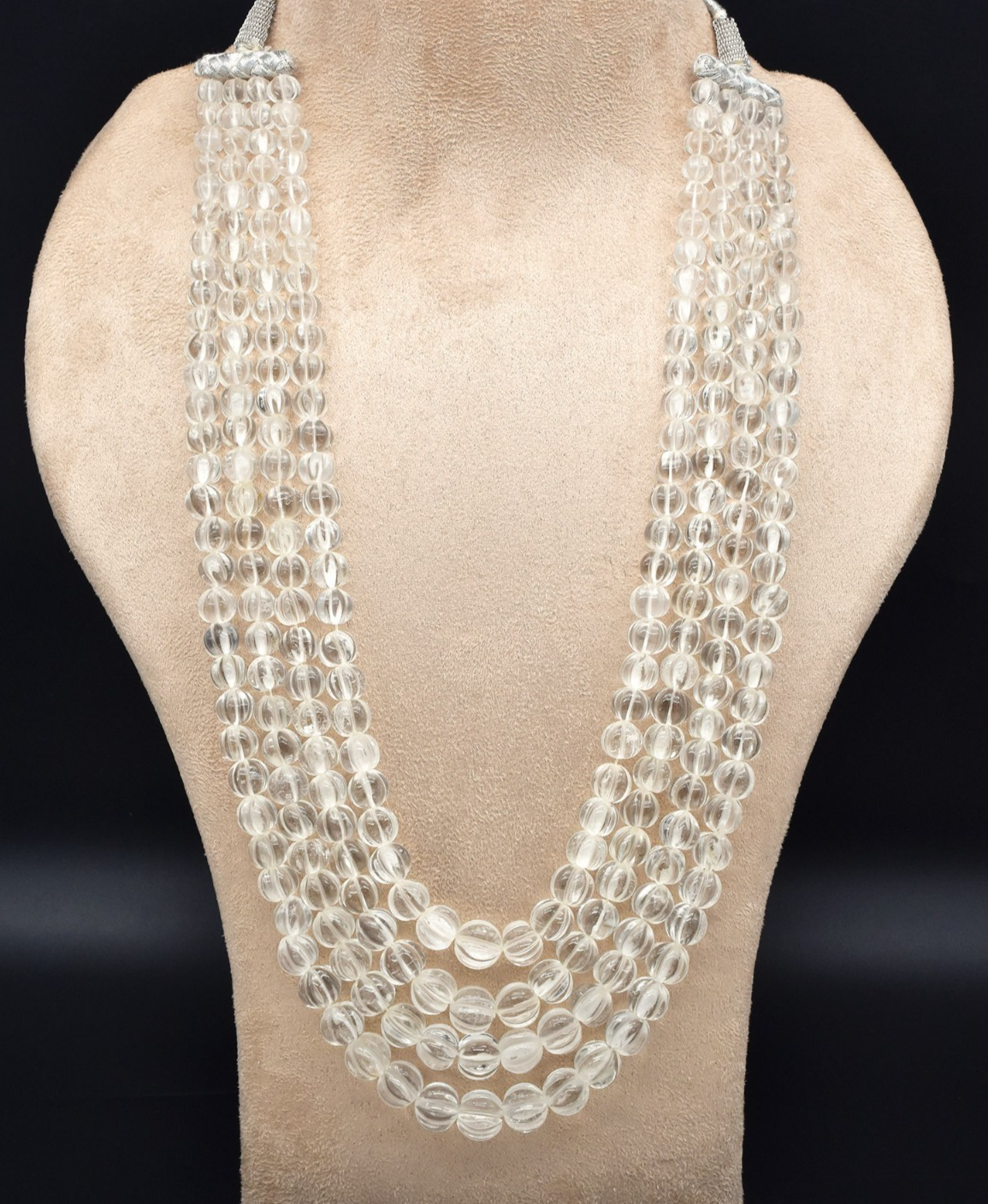 Natural Rock Crystal Quartz 1007 Ct Carved Melon Round Beads Necklace