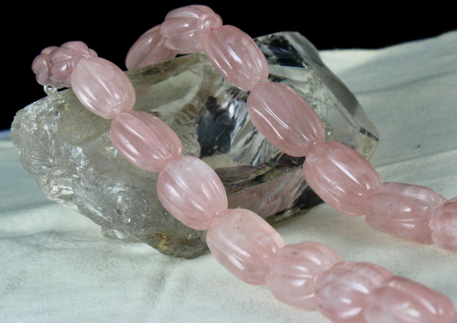 NATURAL ROSE QUARTZ MELON CARVED LONG BEADS 903 CARATS GEMSTONE SILVER NECKLACE