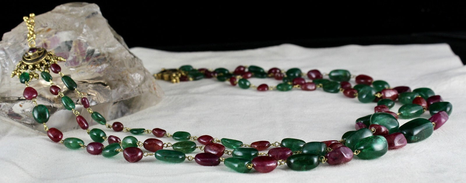 Certified Antique 18k Gold Natural Emerald Burma Ruby Beads Necklace 587 Ct