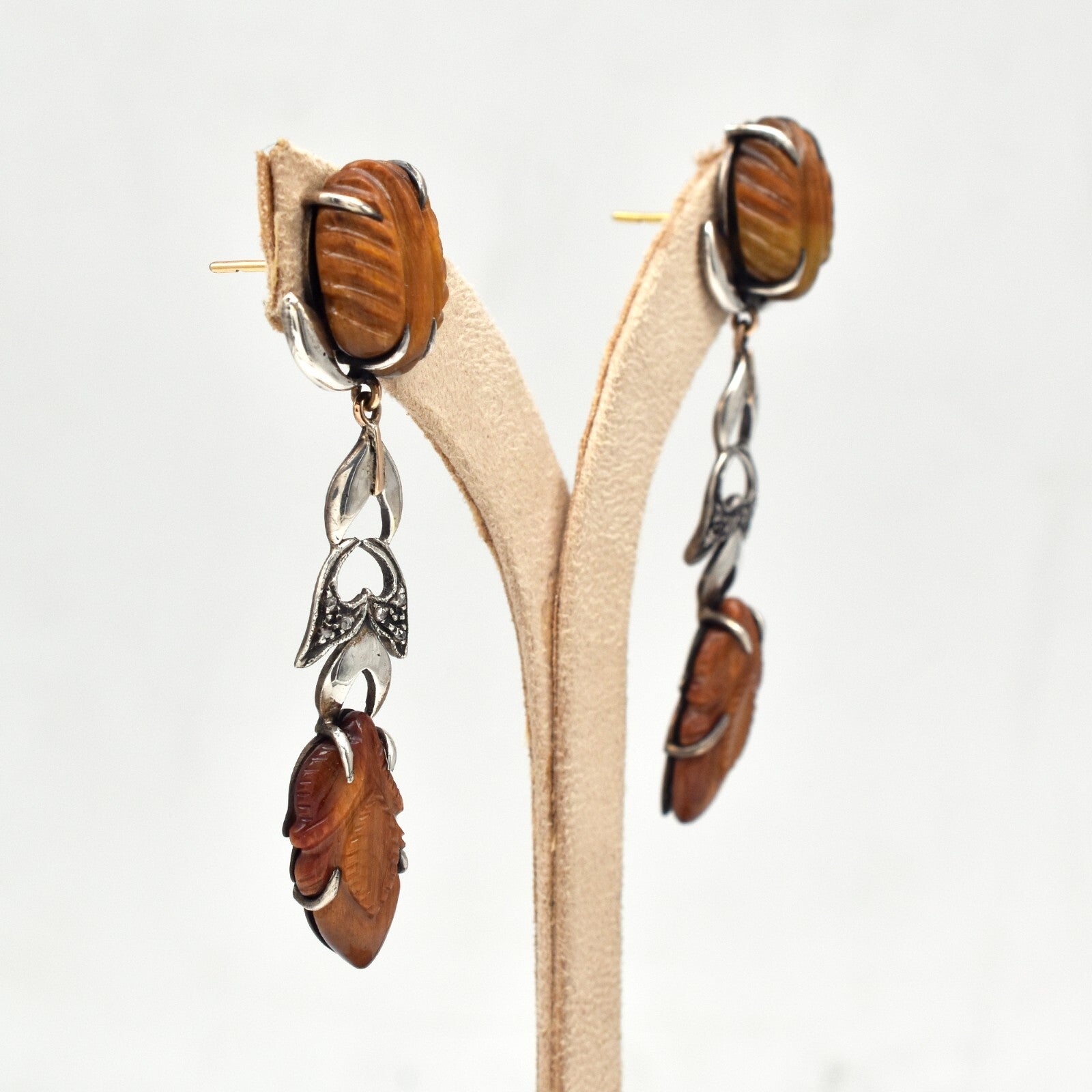 Estate 18k Gold Silver Natural Tiger Eye Diamond 10ct Victorian Dangle Earrings