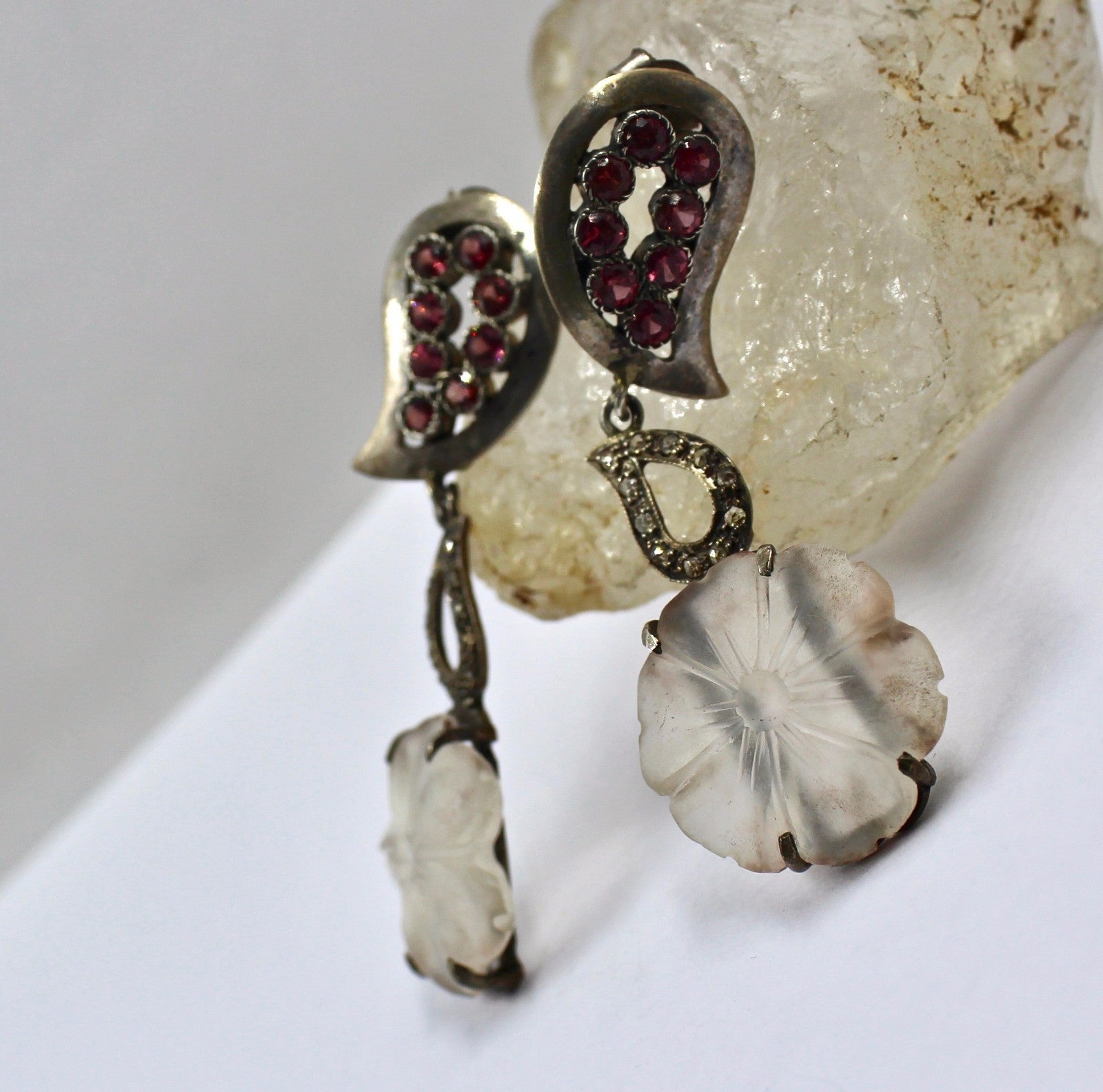 Designer Garnet 59.8ct Crystal Quartz Natural Diamond Sterling Silver Earrings