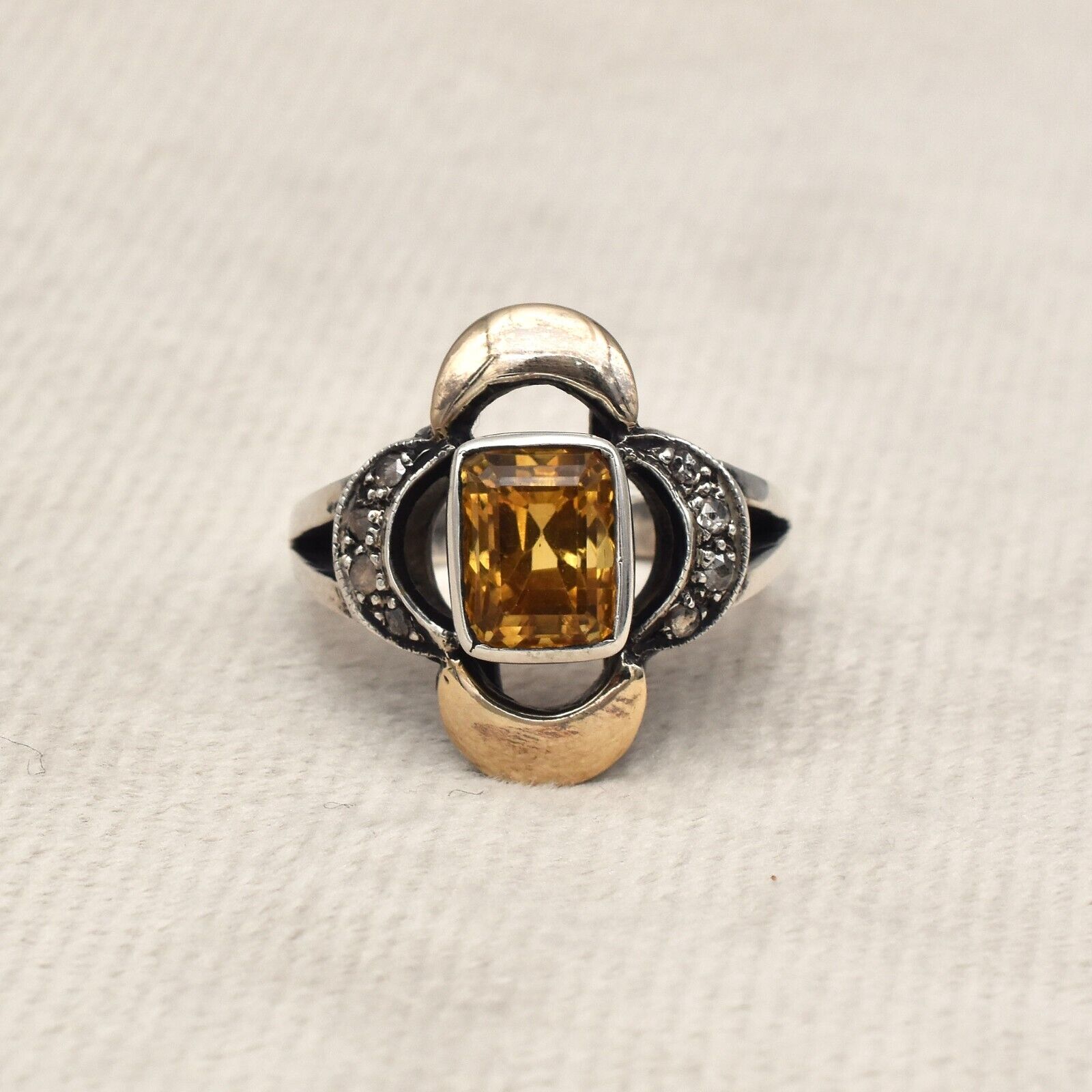 Antique Yellow Citrine Cut Diamond 18k Gold 925 Silver Ladies Victorian Ring