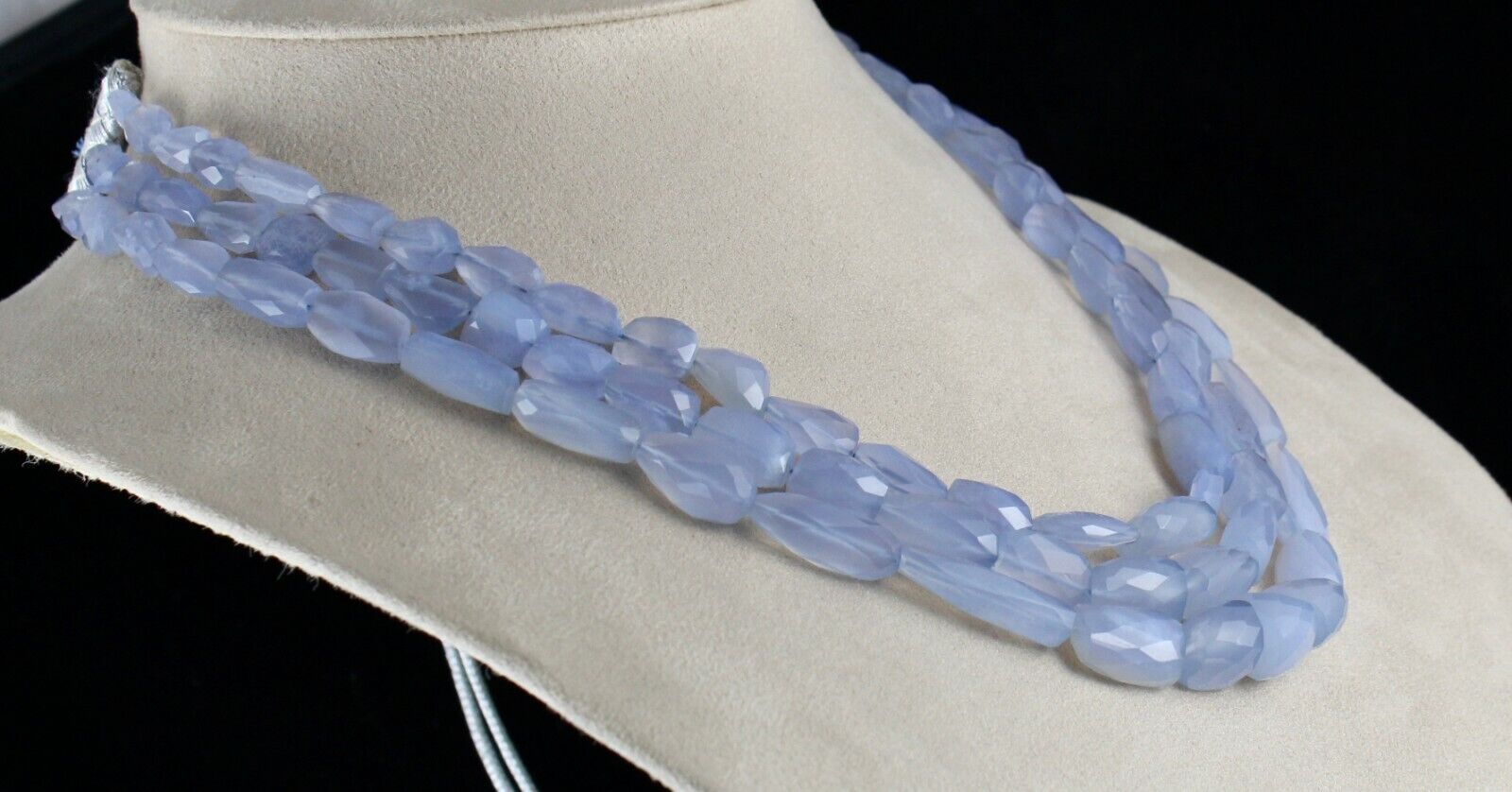 NATURAL BLUE CHALCEDONY BEADS FACETED TUMBLE 3 LINE 569 CARATS GEMSTONE NECKLACE