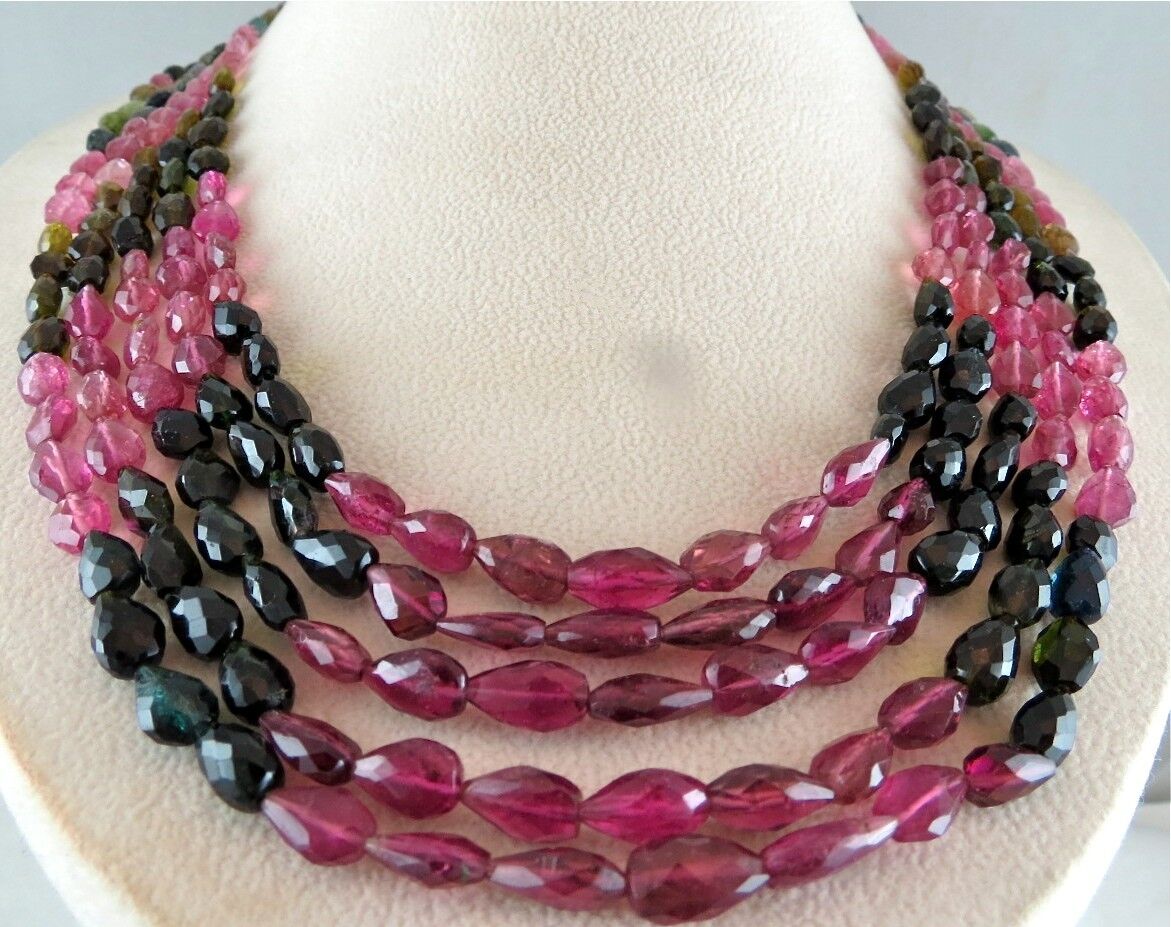 NATURAL MULTI TOURMALINE BEADS FACETED TEARDROPS 5 LINE 560CTS GEMSTONE NECKLACE