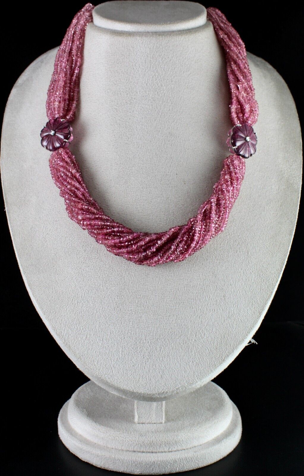 Natural Pink Tourmaline Carved & Beads 878 Ct Stone Diamond Silver Fine Necklace