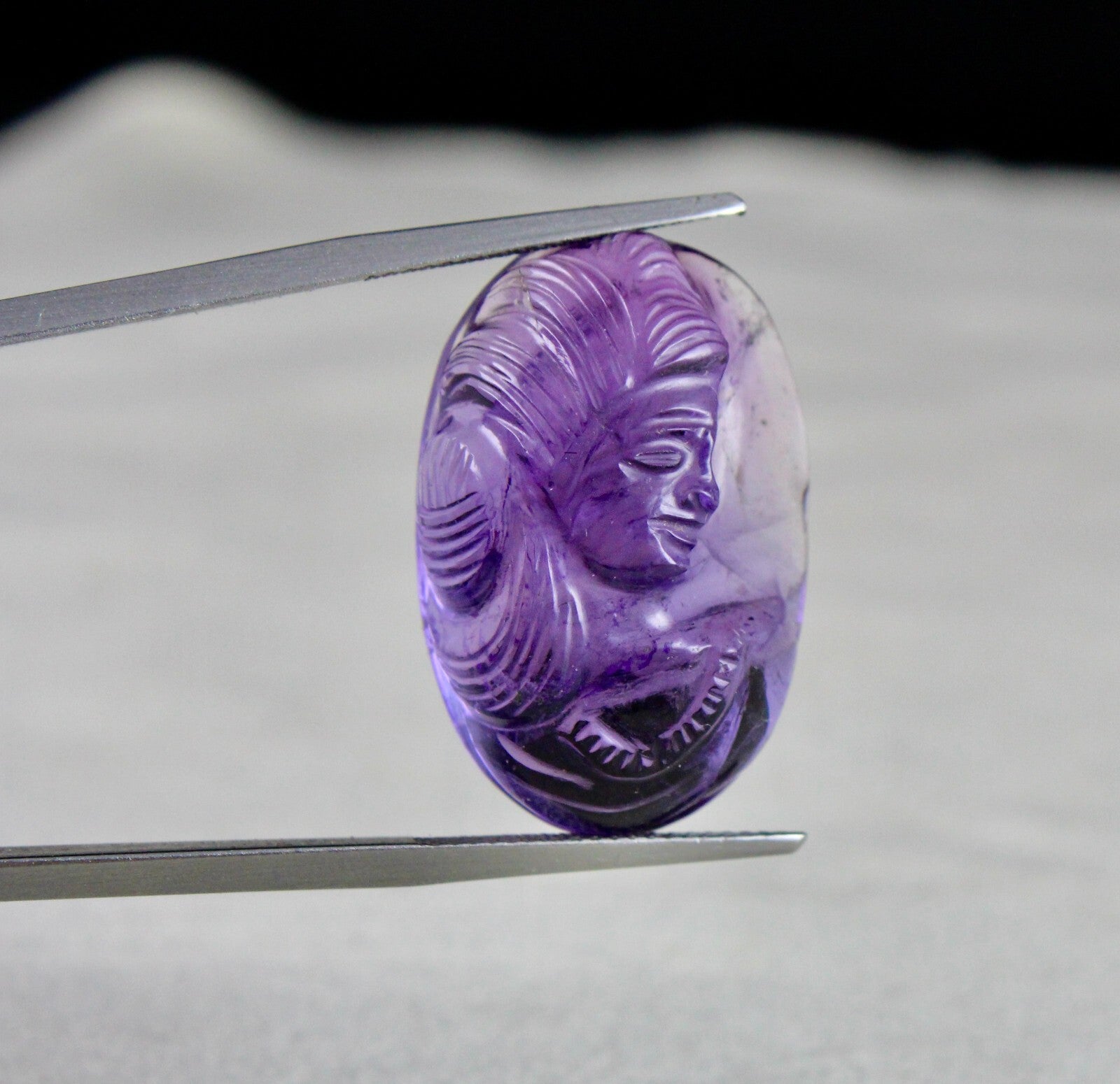 Natural Amethyst Engraved Face Cab Gemstone Pendant 28x18mm 42.11 Ct Designing