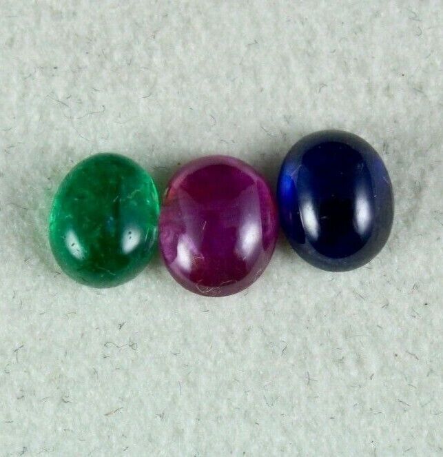 NATURAL RUBIES EMERALD BLUE SAPPHIRE CABOCHON OVAL 3 PCS 3.13 CARATS GEMSTONE