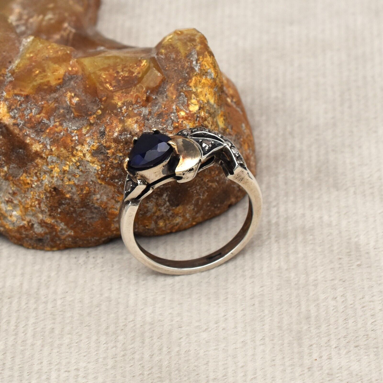 Vintage Blue Iolite Heart Cut 18K Gold Silver Victorian Women Fashion Ring