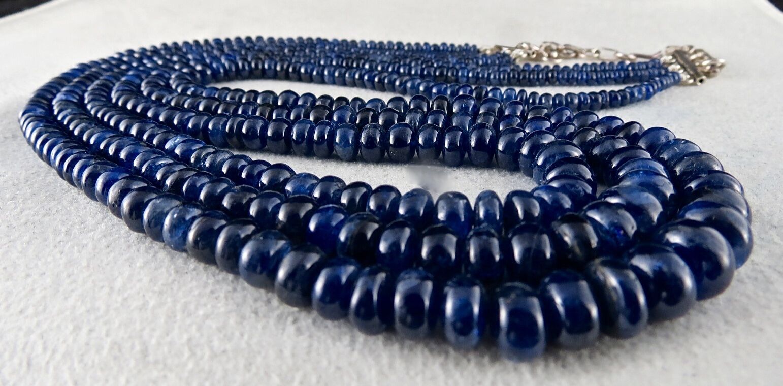 NATURAL OLD MINES BLUE SAPPHIRE BEADS ROUND 3 LINE 461 CARATS GEMSTONE NECKLACE