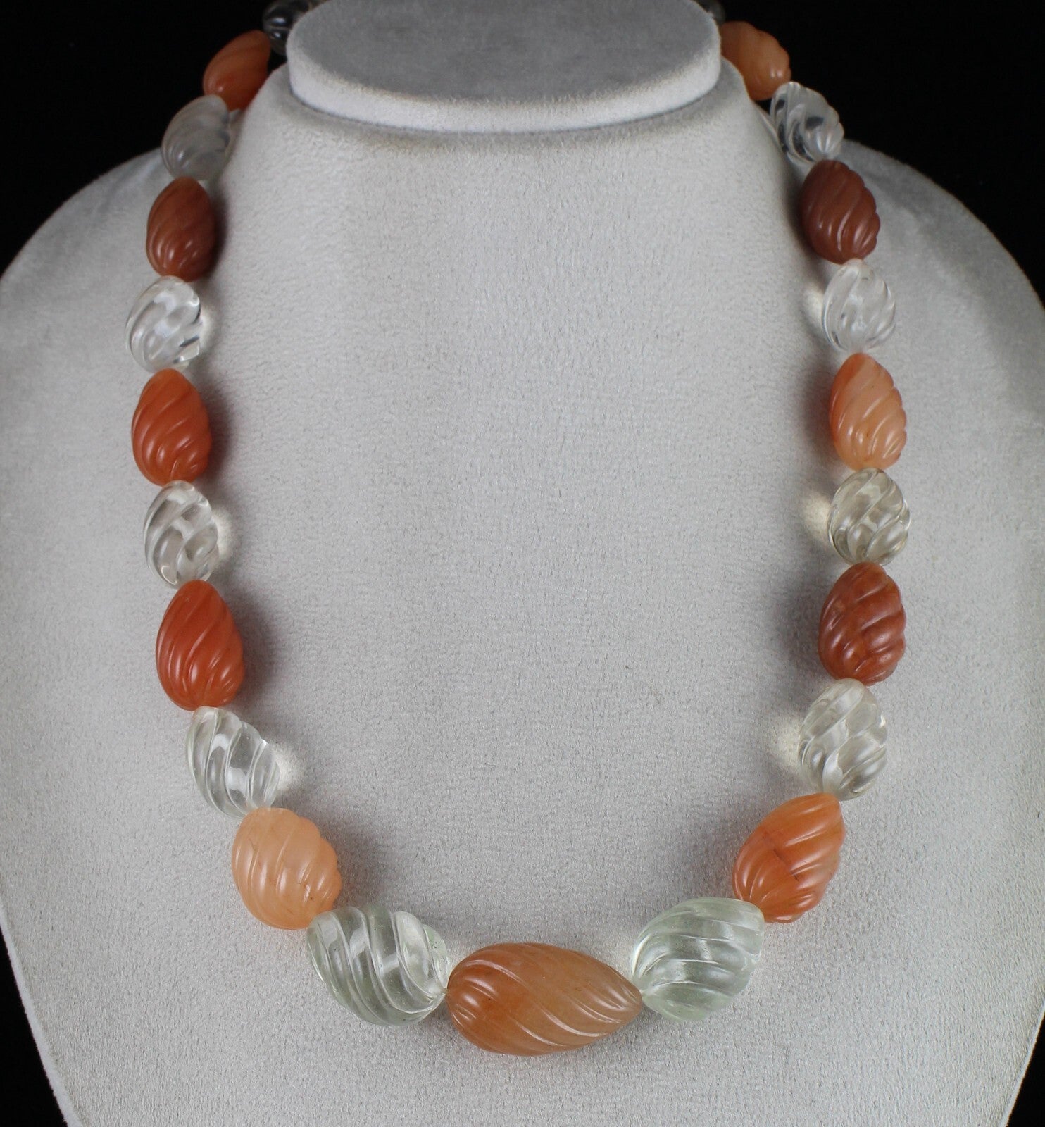 Natural Orange & Crystal Quartz 824ct Sterling Silver Melon Carved Necklace