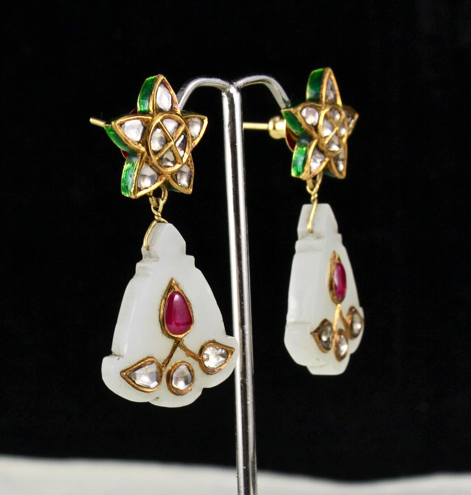 ANTIQUE OLD NEPHRITE JADE RUBY FLAT DIAMOND 18K GOLD JADAU STATEMENT EARRING