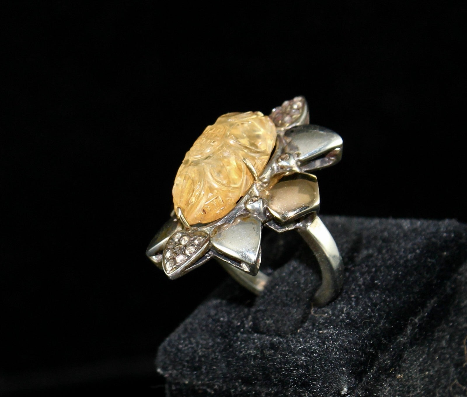 Antique Yellow Citrine 66.2ct Natural Diamond 18k Gold 925 Silver Victorian Ring