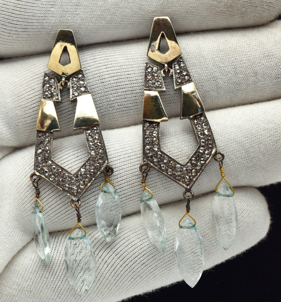 Vintage Natural Blue Aquamarine Diamond 18k Gold Silver Victorian Dangle Earring