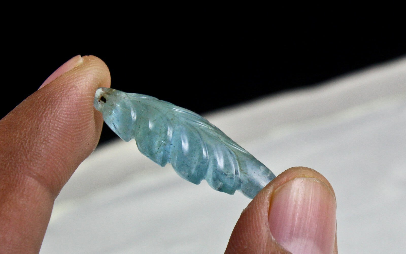 Natural Blue Aquamarine Carved Leaf Gemstone 21.84 Ct Drilled Loose For Pendant