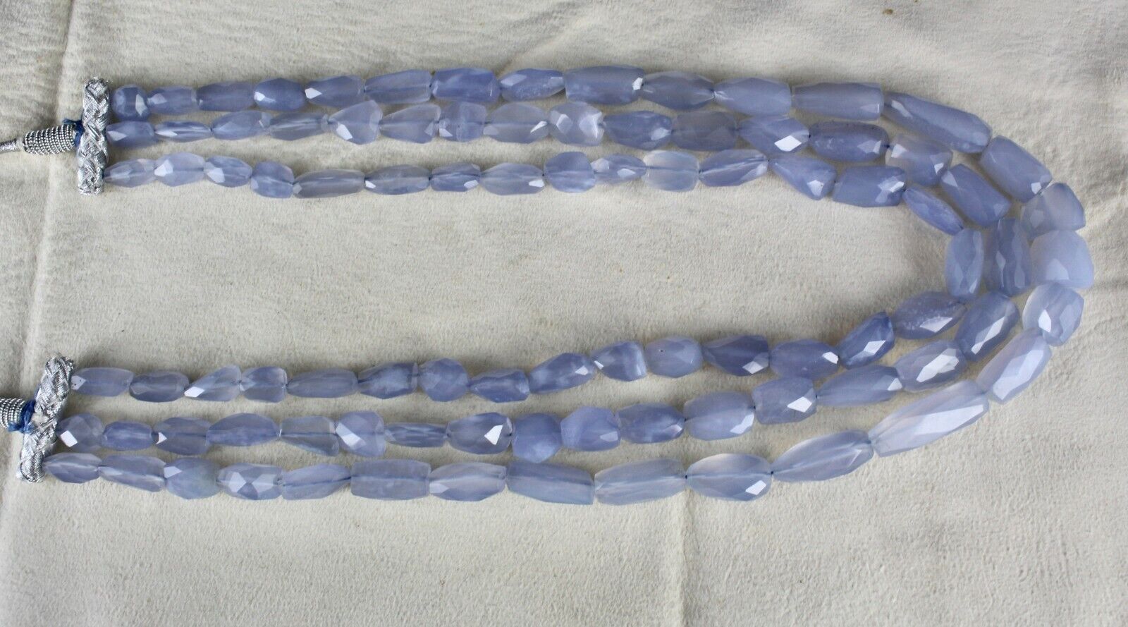 NATURAL BLUE CHALCEDONY BEADS FACETED TUMBLE 3 LINE 569 CARATS GEMSTONE NECKLACE