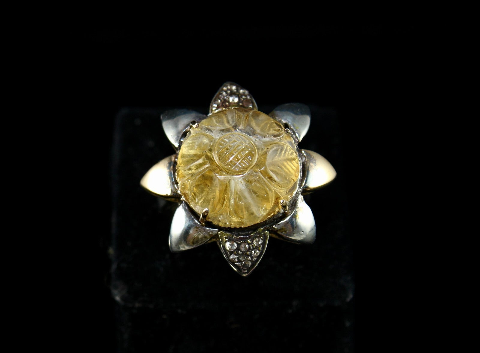 Antique Yellow Citrine 68ct Natural Diamond 18k Gold 925 Sterling Silver Ring